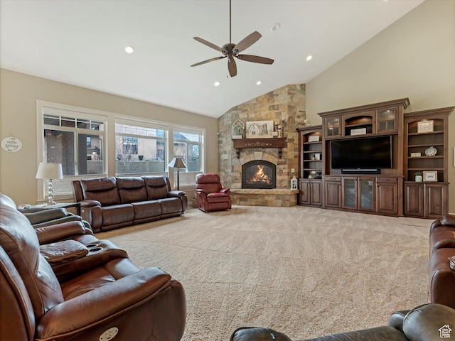 14738 S Currant Creek Cir W, Bluffdale, UT 84065 - carpeted living area featuring a ceiling fan, recessed lighting, a fireplace, and high vaulted ceiling