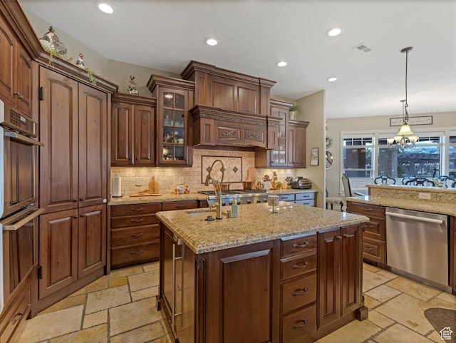 14738 S Currant Creek Cir W, Bluffdale, UT 84065 - kitchen featuring stainless steel appliances, stone tile floors, tasteful backsplash, glass insert cabinets, and recessed lighting