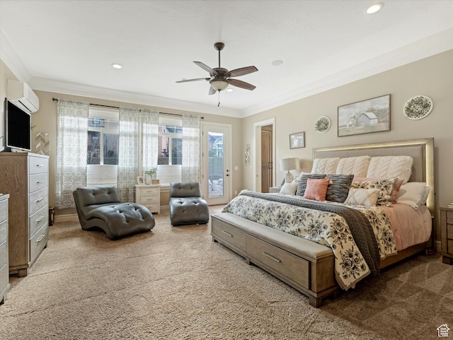 14738 S Currant Creek Cir W, Bluffdale, UT 84065 - bedroom with carpet floors, ornamental molding, access to exterior, an AC wall unit, and ceiling fan