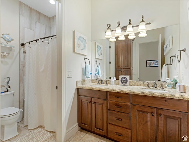 14738 S Currant Creek Cir W, Bluffdale, UT 84065 - bathroom with double vanity, toilet, curtained shower, and tile patterned flooring