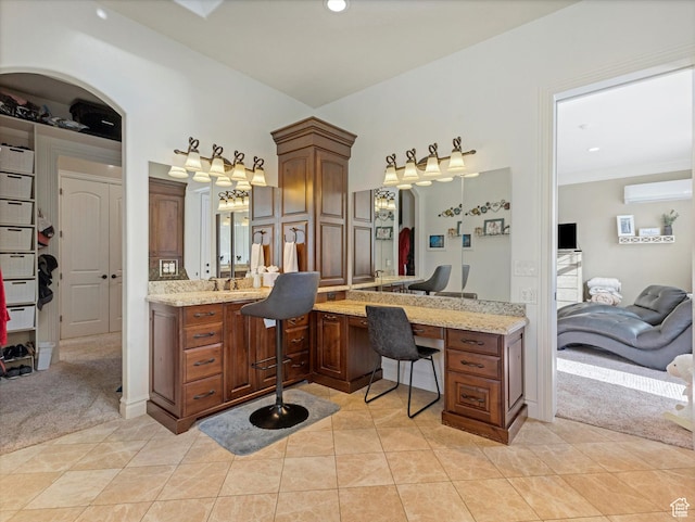 14738 S Currant Creek Cir W, Bluffdale, UT 84065 - full bathroom with a wall mounted air conditioner, vanity, connected bathroom, tile patterned floors, and recessed lighting