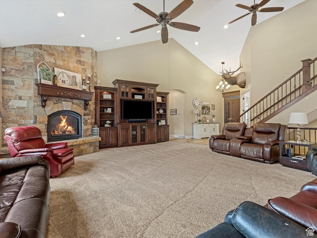 14738 S Currant Creek Cir W, Bluffdale, UT 84065 - carpeted living area with ceiling fan, high vaulted ceiling, a fireplace, arched walkways, and a chandelier