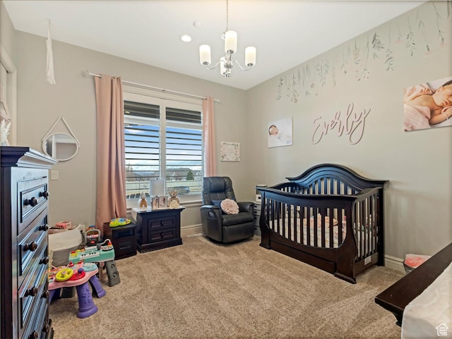 14738 S Currant Creek Cir W, Bluffdale, UT 84065 - bedroom with carpet floors, a chandelier, a nursery area, and baseboards