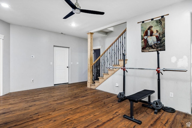 interior space featuring visible vents, recessed lighting, a ceiling fan, and hardwood / wood-style floors