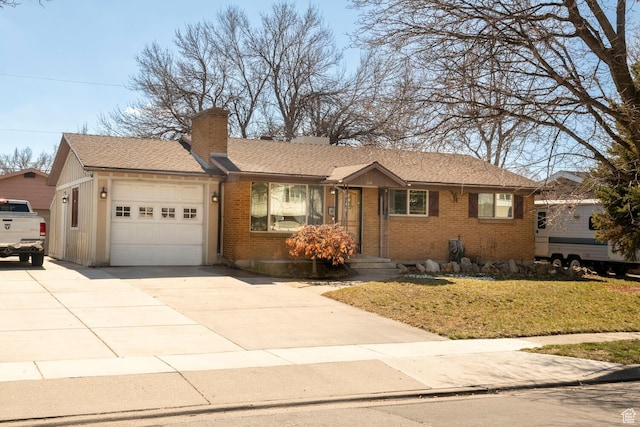 ranch-style home with brick siding, driveway, a chimney, and a garage