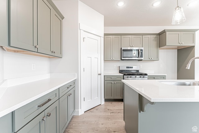 624 W 4500 S Unit 325, Mapleton, UT 84664 - kitchen featuring appliances with stainless steel finishes, gray cabinetry, light wood-style flooring, recessed lighting, and light countertops