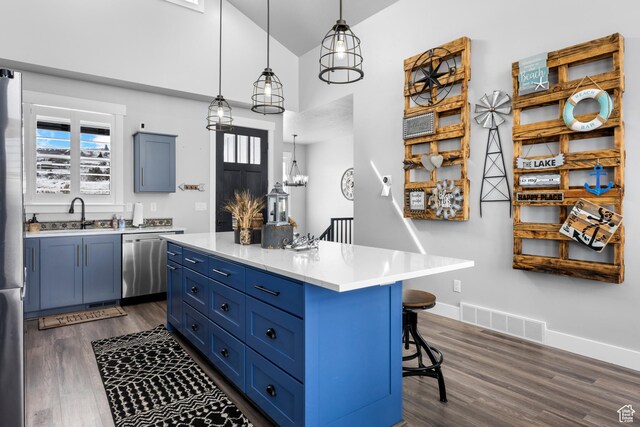 3278 S Serviceberry Dr Unit 18, Garden City, UT 84028 - kitchen featuring stainless steel dishwasher, a sink, blue cabinetry, a kitchen breakfast bar, and dark wood-style flooring