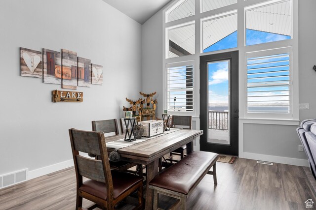 3278 S Serviceberry Dr Unit 18, Garden City, UT 84028 - dining space with wood finished floors, baseboards, and high vaulted ceiling