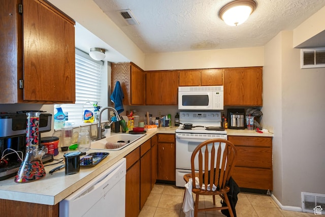 4443 S 1025 W, Riverdale, UT 84405 - kitchen featuring visible vents, brown cabinets, a sink, white appliances, and light countertops