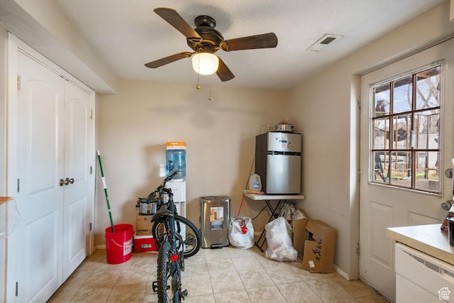 4443 S 1025 W, Riverdale, UT 84405 - interior space featuring visible vents, baseboards, water heater, light tile patterned floors, and a ceiling fan