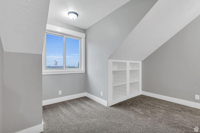 additional living space with a textured ceiling, carpet flooring, built in features, and baseboards