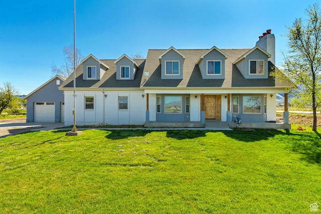 cape cod house featuring concrete driveway, a front lawn, a garage, and a chimney