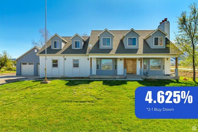 cape cod-style house featuring a front lawn, a garage, a chimney, roof with shingles, and concrete driveway