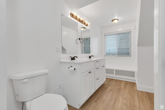 bathroom with baseboards, wood finished floors, toilet, and vanity