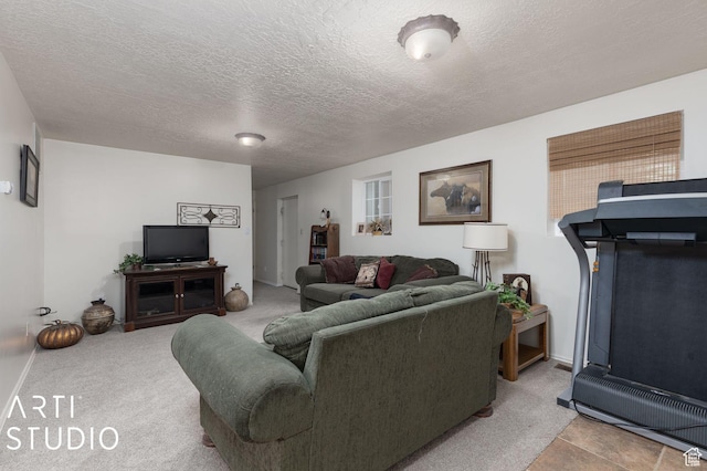 living room with carpet flooring and a textured ceiling