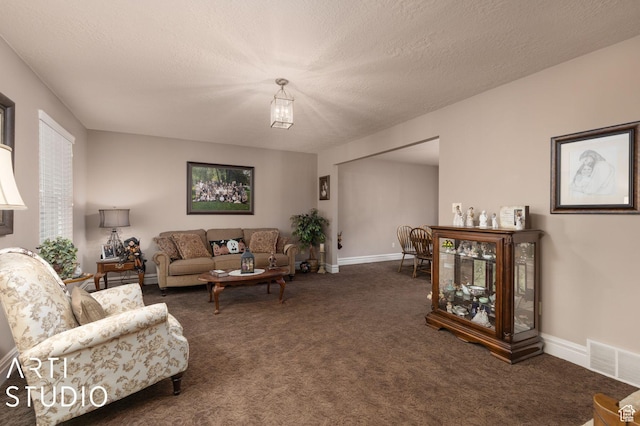 living area featuring a textured ceiling, carpet, visible vents, and baseboards
