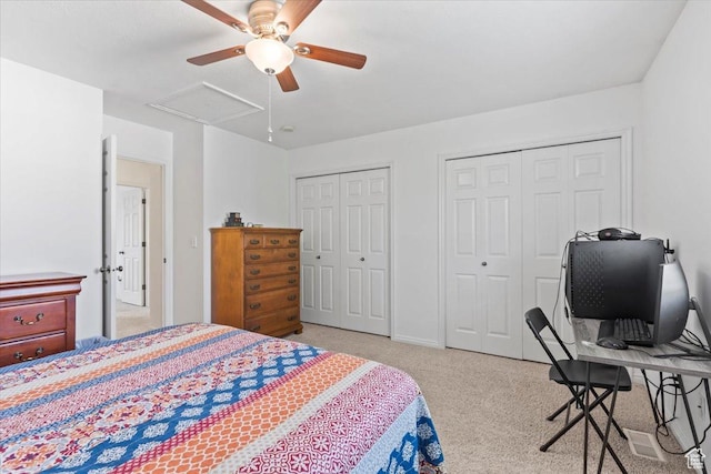 1322 E 6175 S, South Ogden, UT 84405 - bedroom with two closets, light colored carpet, attic access, and ceiling fan