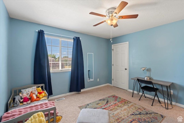 1322 E 6175 S, South Ogden, UT 84405 - bedroom with visible vents, a textured ceiling, carpet floors, baseboards, and ceiling fan