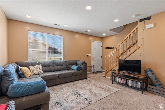 1322 E 6175 S, South Ogden, UT 84405 - carpeted living room featuring stairway, baseboards, visible vents, recessed lighting, and a textured ceiling