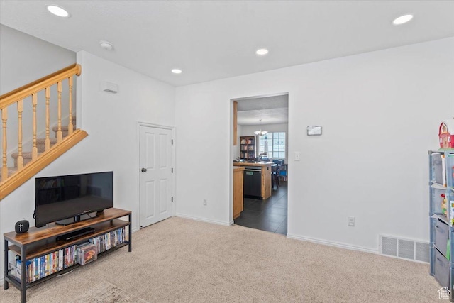 1322 E 6175 S, South Ogden, UT 84405 - sitting room with stairway, carpet floors, and recessed lighting