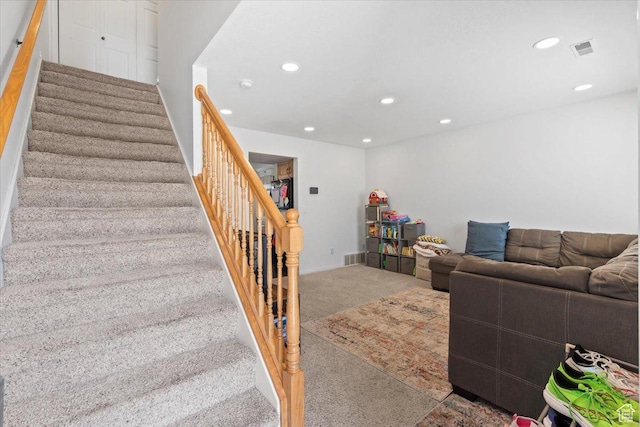 1322 E 6175 S, South Ogden, UT 84405 - carpeted living room with recessed lighting and stairway