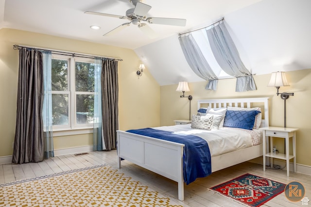 197 N 200 W, Kanab, UT 84741 - bedroom with baseboards, lofted ceiling, ceiling fan, and hardwood / wood-style flooring