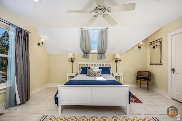 197 N 200 W, Kanab, UT 84741 - bedroom with baseboards, light wood-style floors, ceiling fan, and vaulted ceiling