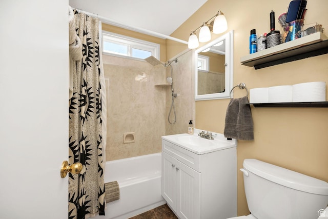full bath featuring vanity, toilet, and shower / tub combo with curtain