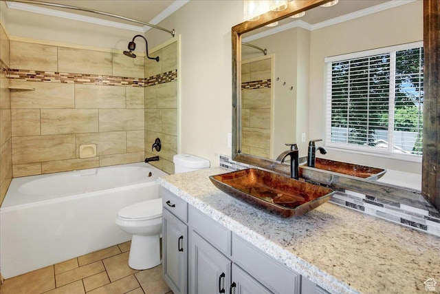 5772 Oakwood Dr, South Ogden, UT 84405 - bathroom featuring crown molding, vanity, shower / tub combination, and tile patterned flooring