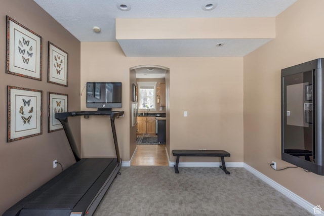 161 W Swiss Farm Way Unit 9, Midway, UT 84049 - exercise area with arched walkways, light colored carpet, baseboards, and a sink
