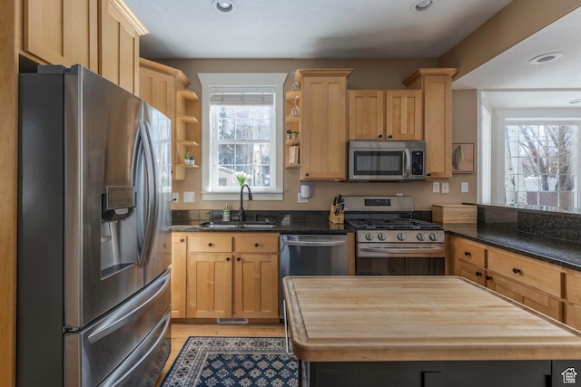 161 W Swiss Farm Way Unit 9, Midway, UT 84049 - kitchen featuring a sink, open shelves, recessed lighting, stainless steel appliances, and wooden counters