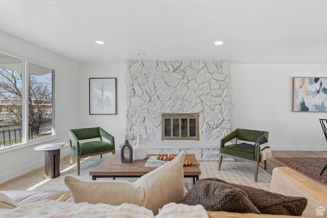 4375 S 2700 E, Holladay, UT 84124 - living room featuring wood finished floors, recessed lighting, a fireplace, and baseboards
