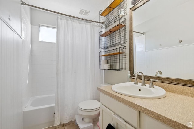 5964 W Jackling Way, West Jordan, UT 84081 - bathroom featuring visible vents, toilet, shower / bath combo, wainscoting, and vanity