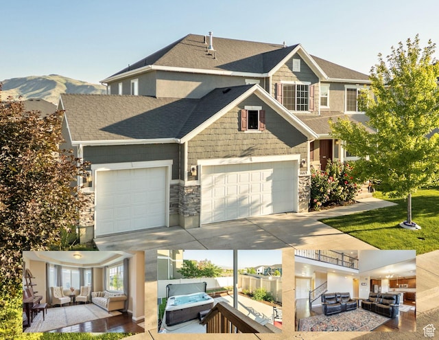 5663 W Yukon Park Ln S, Herriman, UT 84096 - view of front of house featuring outdoor lounge area, driveway, stone siding, and roof with shingles