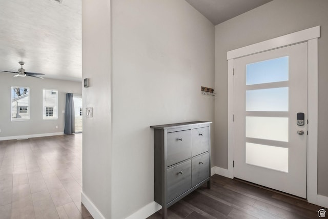 1722 W Shade Ln, Riverton, UT 84065 - entryway featuring ceiling fan, baseboards, and wood finished floors