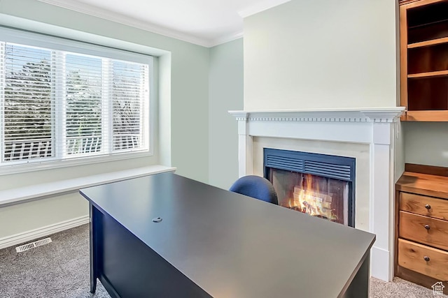 6464 Bybee Dr, Ogden, UT 84403 - carpeted office space featuring visible vents, a warm lit fireplace, and ornamental molding