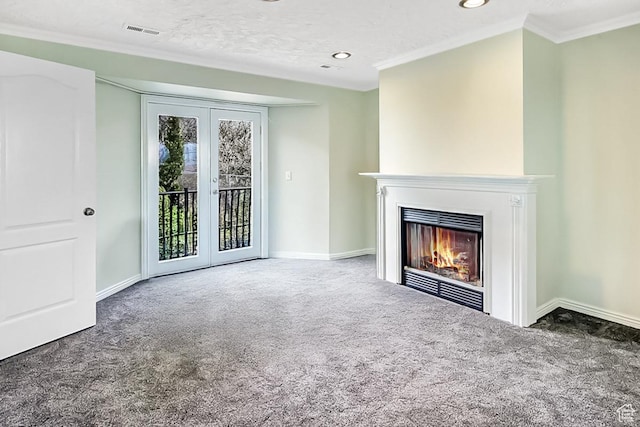 6464 Bybee Dr, Ogden, UT 84403 - unfurnished living room with visible vents, carpet, a warm lit fireplace, and french doors