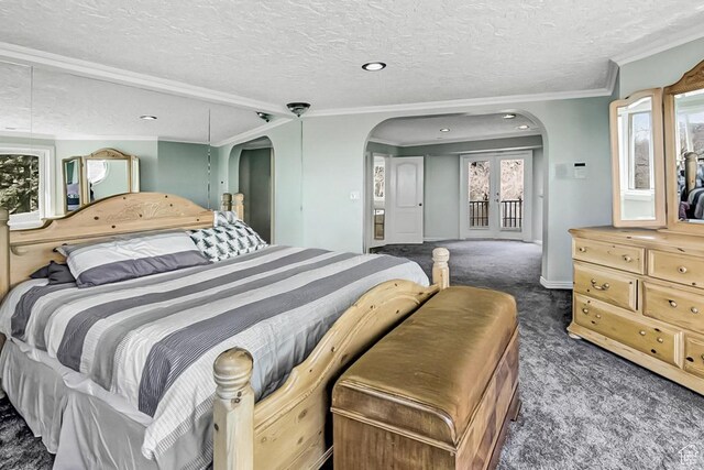 6464 Bybee Dr, Ogden, UT 84403 - bedroom featuring crown molding, arched walkways, carpet floors, and a textured ceiling