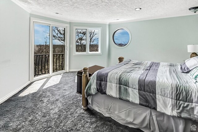 6464 Bybee Dr, Ogden, UT 84403 - bedroom with ornamental molding, a textured ceiling, carpet flooring, baseboards, and access to exterior