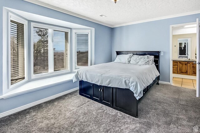 6464 Bybee Dr, Ogden, UT 84403 - bedroom with carpet, visible vents, baseboards, ornamental molding, and a textured ceiling