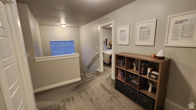 1395 E Kelsey Dr, Eagle Mountain, UT 84005 - corridor with baseboards, visible vents, carpet, and a textured ceiling