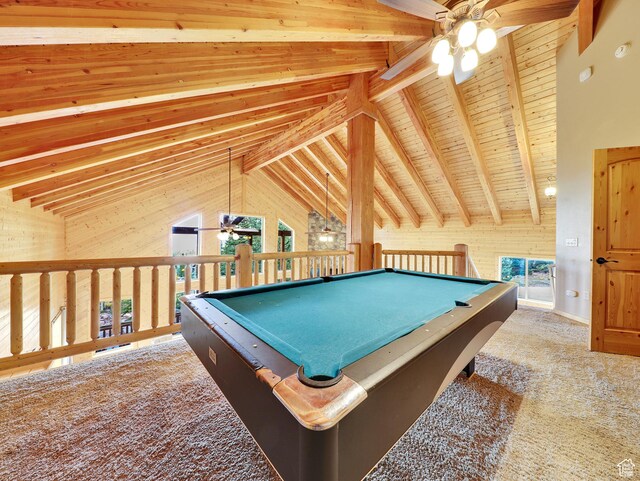 161 N Irish Trl, Brian Head, UT 84719 - rec room featuring carpet floors, vaulted ceiling with beams, ceiling fan, pool table, and wood walls