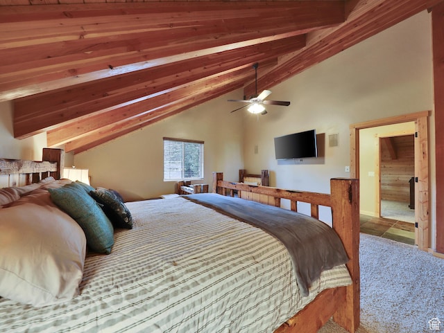 161 N Irish Trl, Brian Head, UT 84719 - carpeted bedroom featuring lofted ceiling with beams and ceiling fan