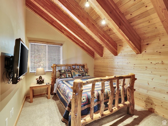 161 N Irish Trl, Brian Head, UT 84719 - bedroom with carpet floors, wood walls, wooden ceiling, baseboards, and vaulted ceiling with beams