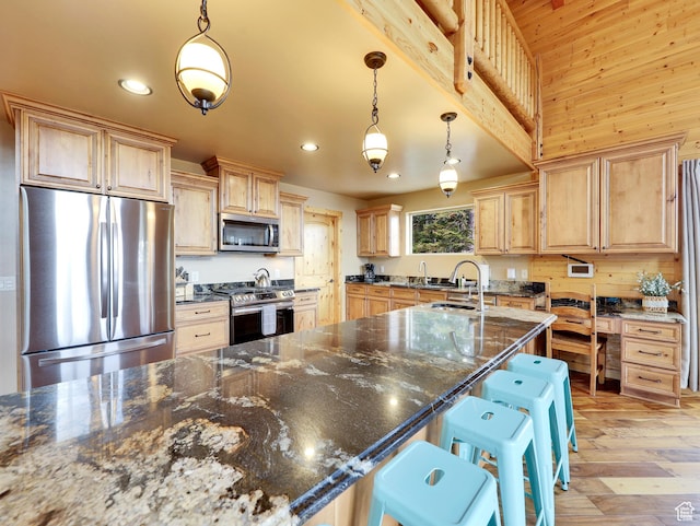161 N Irish Trl, Brian Head, UT 84719 - kitchen featuring light brown cabinets, appliances with stainless steel finishes, light wood-type flooring, and a sink