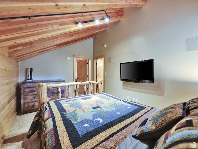 161 N Irish Trl, Brian Head, UT 84719 - bedroom featuring wooden walls, carpet, and vaulted ceiling with beams