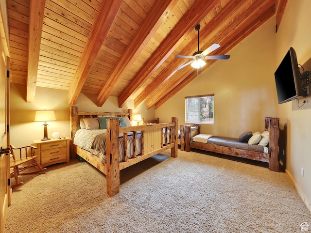 161 N Irish Trl, Brian Head, UT 84719 - carpeted bedroom with beamed ceiling, wood ceiling, ceiling fan, and high vaulted ceiling