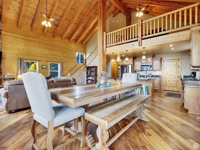 161 N Irish Trl, Brian Head, UT 84719 - dining room featuring beamed ceiling, wood walls, wooden ceiling, and light wood-style floors