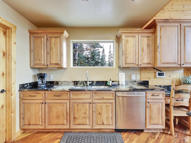 161 N Irish Trl, Brian Head, UT 84719 - kitchen featuring light wood finished floors, light brown cabinets, dishwasher, dark stone counters, and a sink