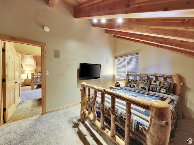 161 N Irish Trl, Brian Head, UT 84719 - bedroom with vaulted ceiling with beams, visible vents, baseboards, and carpet floors
